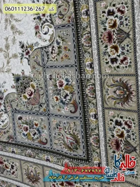 فرش 1200 شانه خشتی طرح وانیار رنگ کرم صدفی گل برجسته کاشان نزدیک