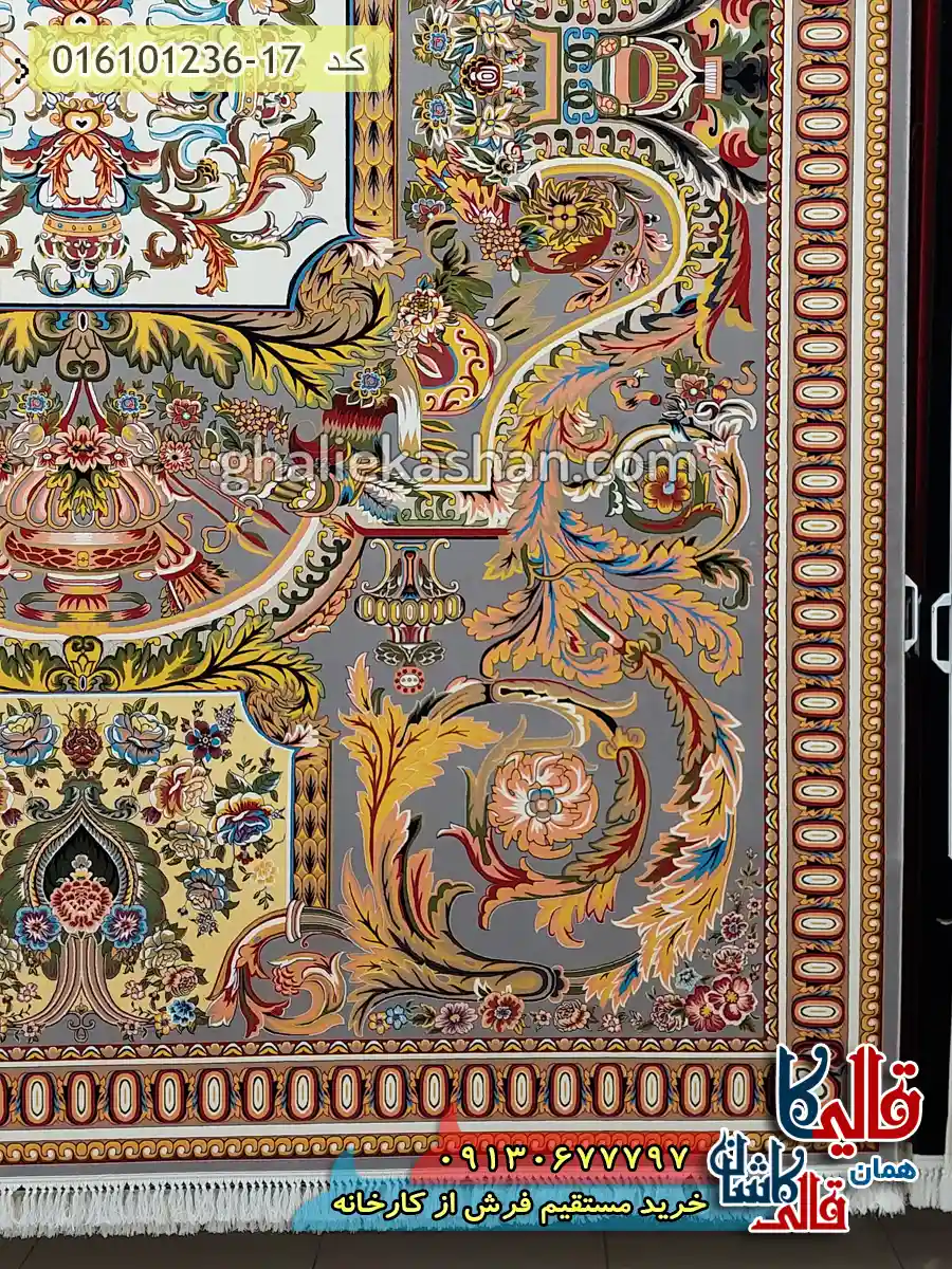 فرش 1200 شانه طرح آدریانا رنگ طوسی نقره ای کاشان حاشیه