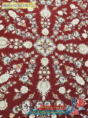 فرش 1200 شانه طرح افشان سینان زمینه قرمز لاکی گل برجسته کاشان زمینه