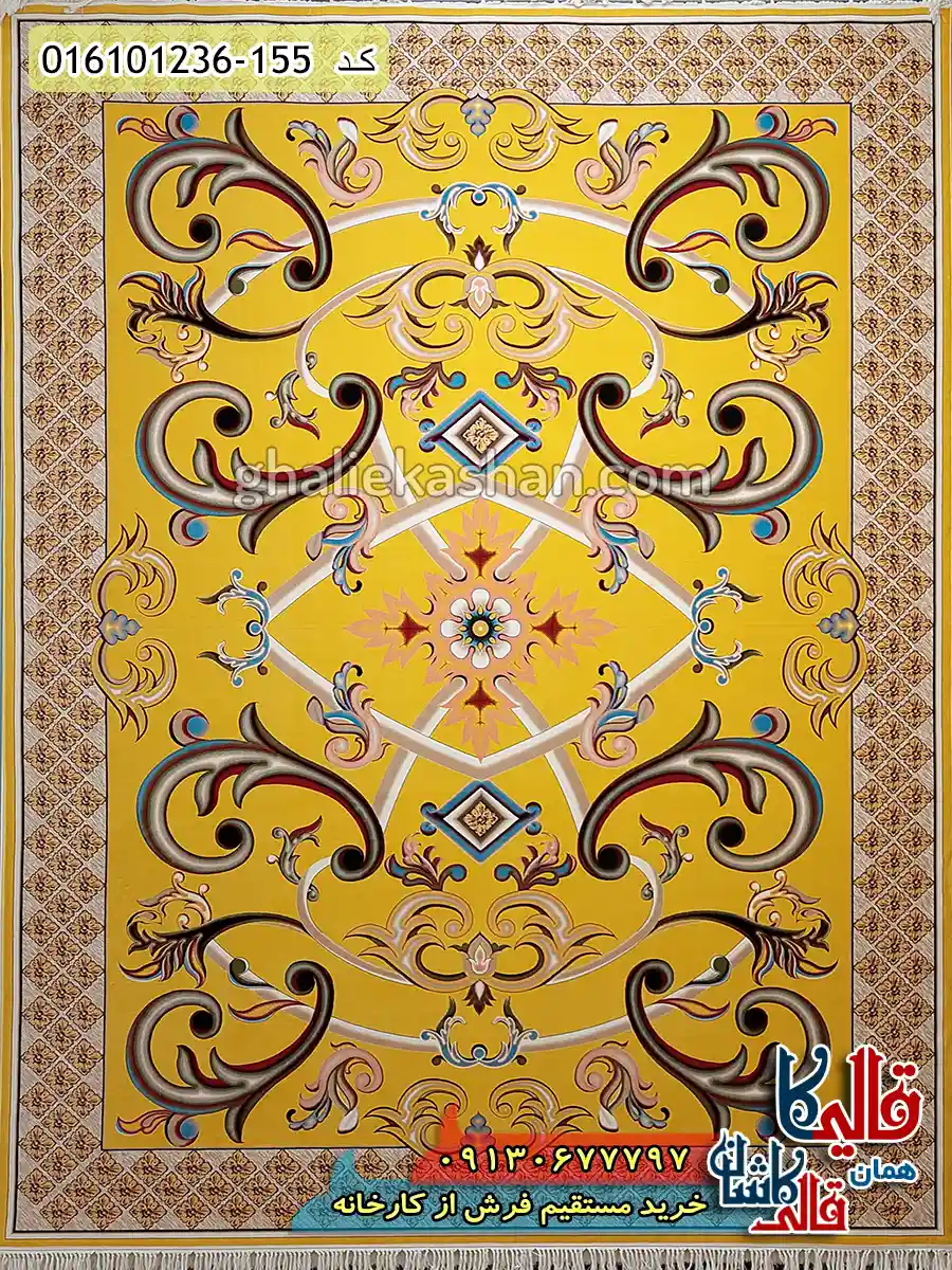 فرش 1200 شانه طرح اورانوس رنگ طلایی کاشان اصلی