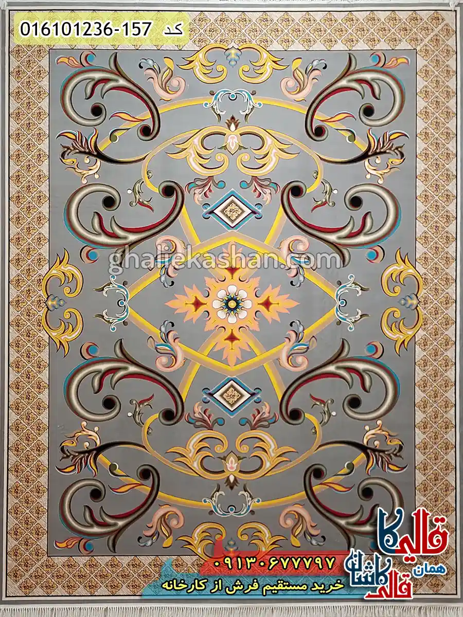 فرش 1200 شانه طرح اورانوس رنگ طوسی نقره ای کاشان اصلی