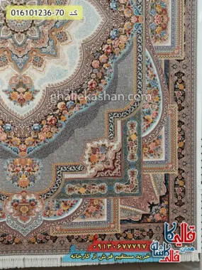 فرش 1200 شانه طرح باغ معلق رنگ طوسی نقره ای کاشان حاشیه
