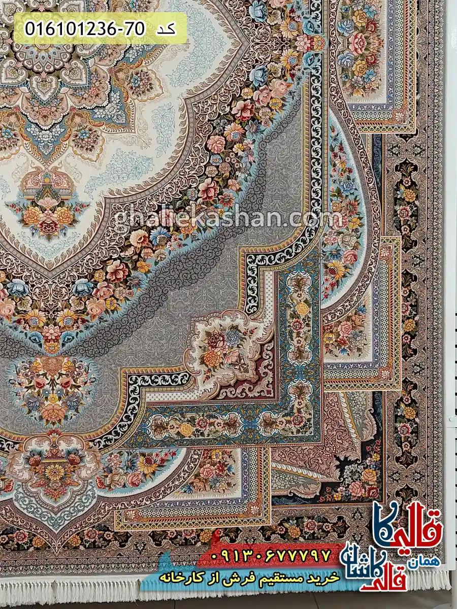 فرش 1200 شانه طرح باغ معلق رنگ طوسی نقره ای کاشان حاشیه