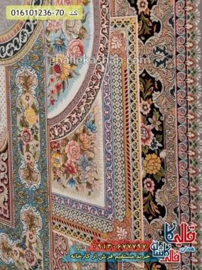 فرش 1200 شانه طرح باغ معلق رنگ طوسی نقره ای کاشان نزدیک