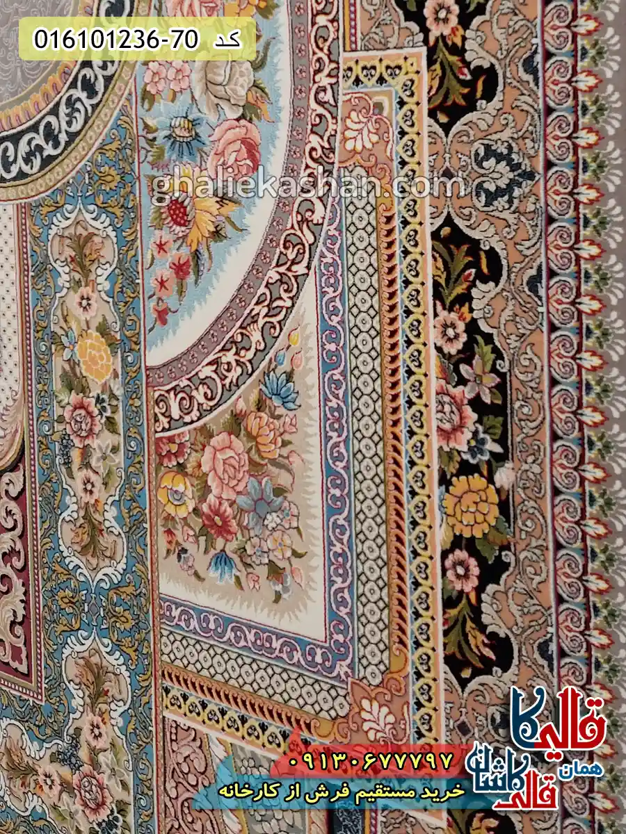 فرش 1200 شانه طرح باغ معلق رنگ طوسی نقره ای کاشان نزدیک