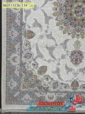 فرش 1200 شانه طرح نگین رنگ کرم سفید گل برجسته کاشان حاشیه