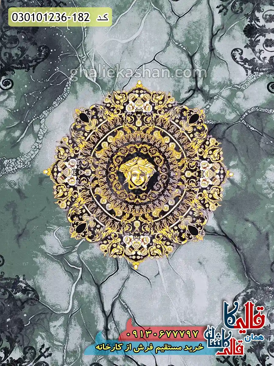 فرش 1200 شانه طرح ورساچه رنگ سبز کاشان زمینه