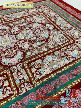 فرش 1200 شانه طرح گلستان رنگ قرمز لاکی گل برجسته کاشان حاشیه