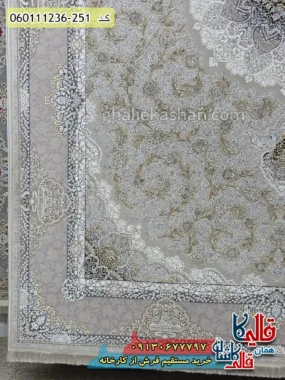 فرش طلاکوب 1200 شانه طرح نهال رنگ کرم صدفی گل برجسته کاشان حاشیه