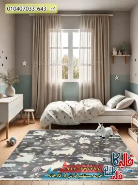 فرش کودک دخترانه 700 شانه طرح اسب تک شاخ رنگ خاکستری کاشان