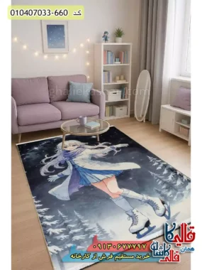 فرش کودک مدرن دخترانه 700 شانه طرح دختر پاتیناژ رنگ سیاه و سفید کاشان