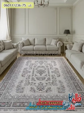 فرش 1200 شانه خشتی طرح باران رنگ کرم سفید گل برجسته کاشان