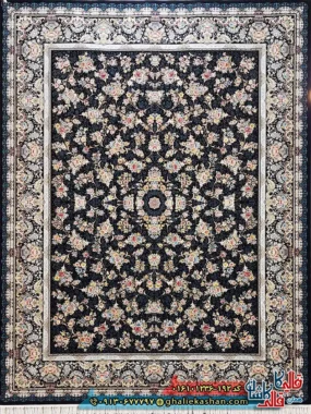 فرش 1200 شانه طرح افشان لی لی رز رنگ سرمه ای کاشان اصلی