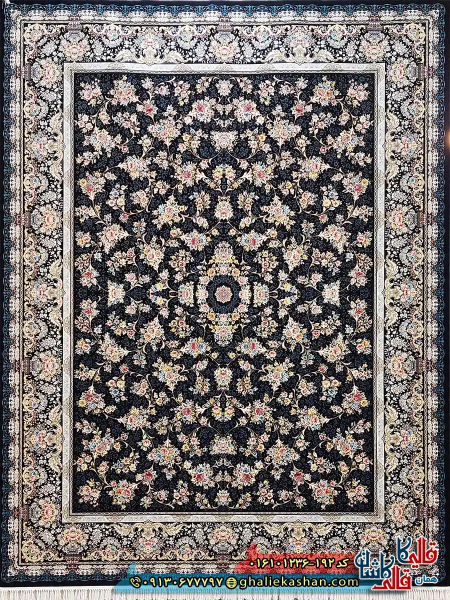 فرش 1200 شانه طرح افشان لی لی رز رنگ سرمه ای کاشان اصلی