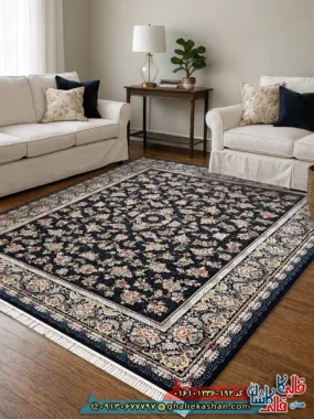 فرش 1200 شانه طرح افشان لی لی رز رنگ سرمه ای کاشان
