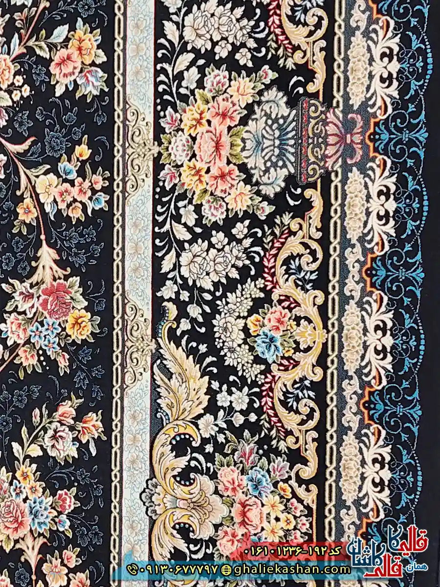 فرش 1200 شانه طرح افشان لی لی رز رنگ سرمه ای کاشان نزدیک