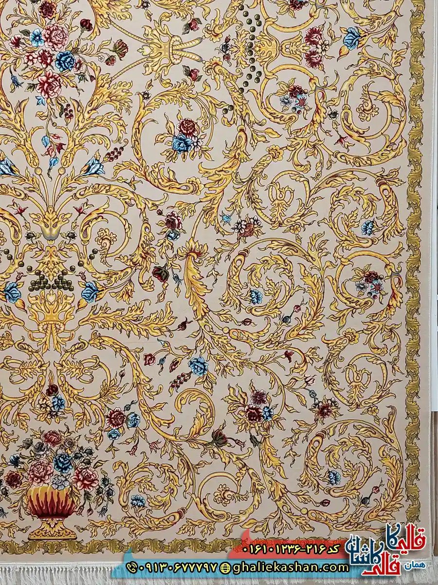 فرش 1200 شانه طرح افشان نجوا رنگ کرم کاشان حاشیه