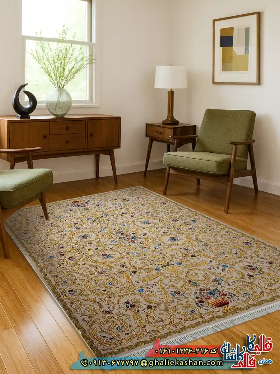 فرش 1200 شانه طرح افشان نجوا رنگ کرم کاشان دکوراسیون