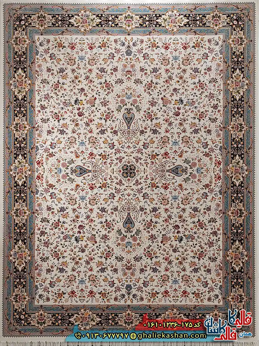 فرش 1200 شانه طرح افشان کیمیای سعادت رنگ کرم کاشان اصلی