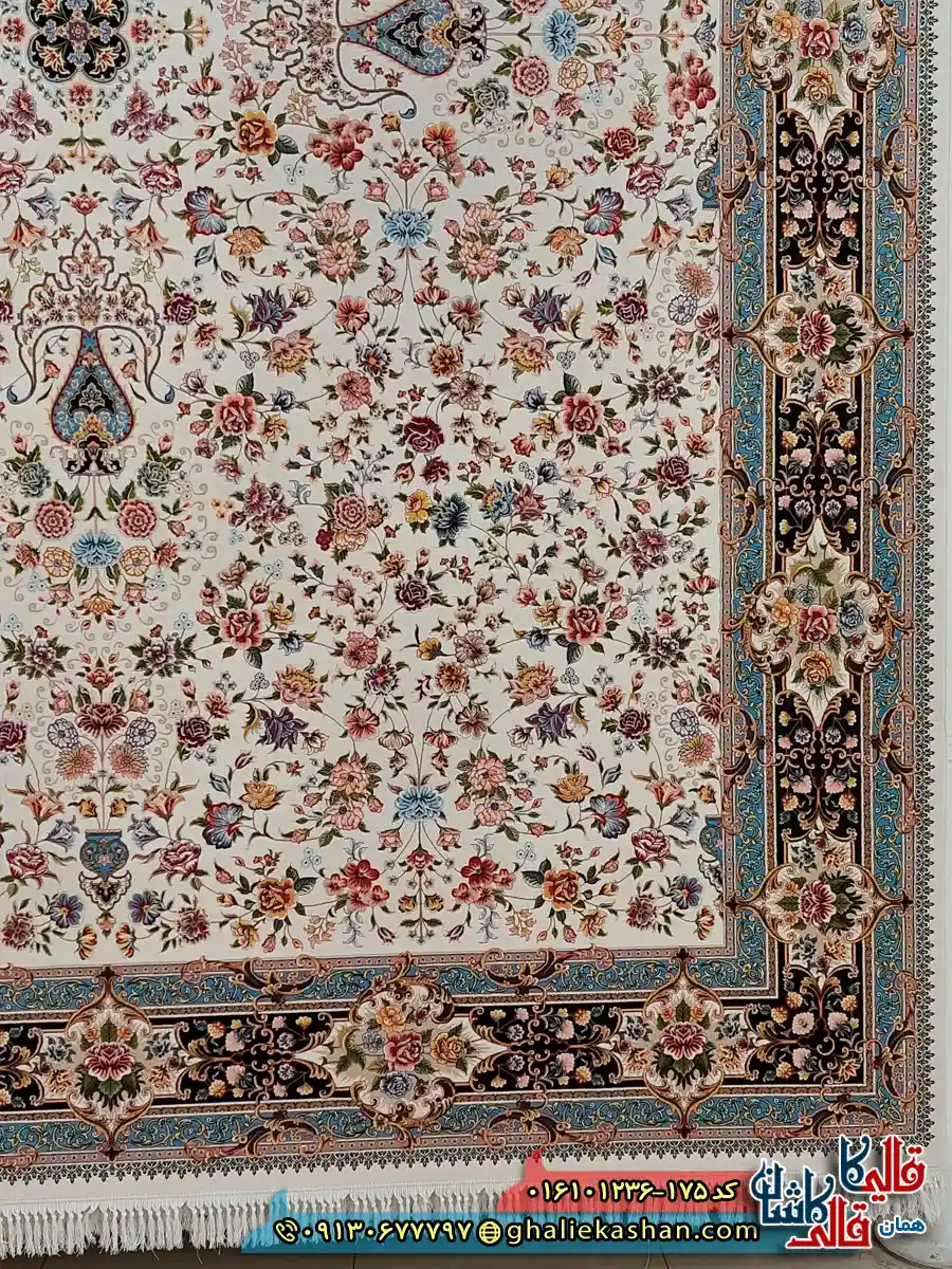 فرش 1200 شانه طرح افشان کیمیای سعادت رنگ کرم کاشان حاشیه