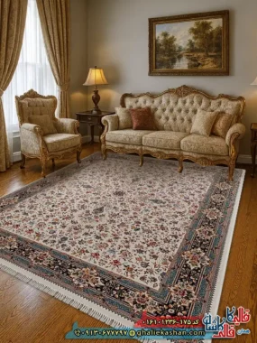 فرش 1200 شانه طرح افشان کیمیای سعادت رنگ کرم کاشان