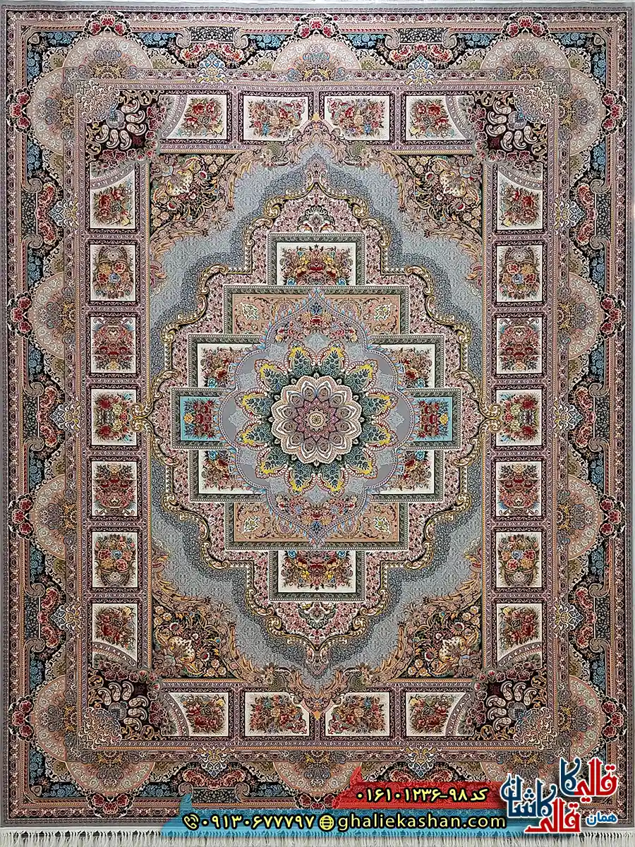 فرش 1200 شانه طرح حوض نقره رنگ نقره ای کاشان اصلی