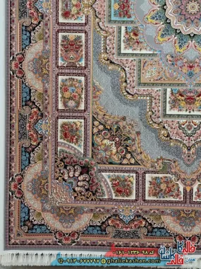 فرش 1200 شانه طرح حوض نقره رنگ نقره ای کاشان حاشیه