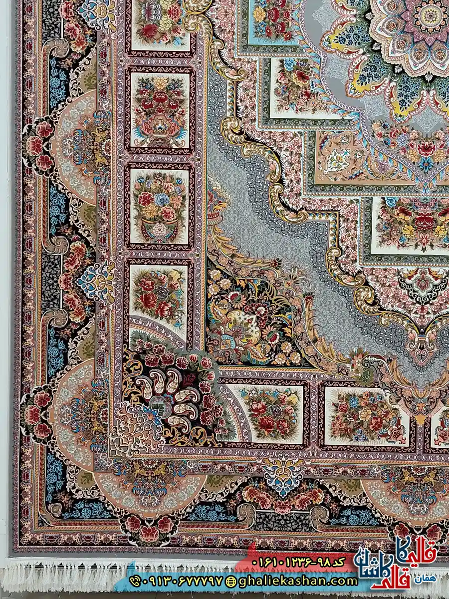 فرش 1200 شانه طرح حوض نقره رنگ نقره ای کاشان حاشیه