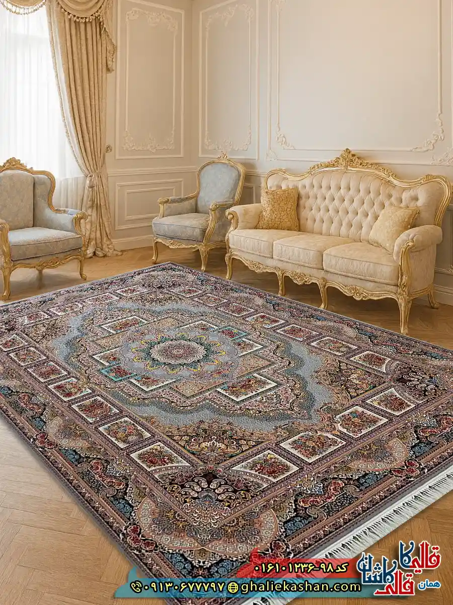 فرش 1200 شانه طرح حوض نقره رنگ نقره ای کاشان دکوراسیون