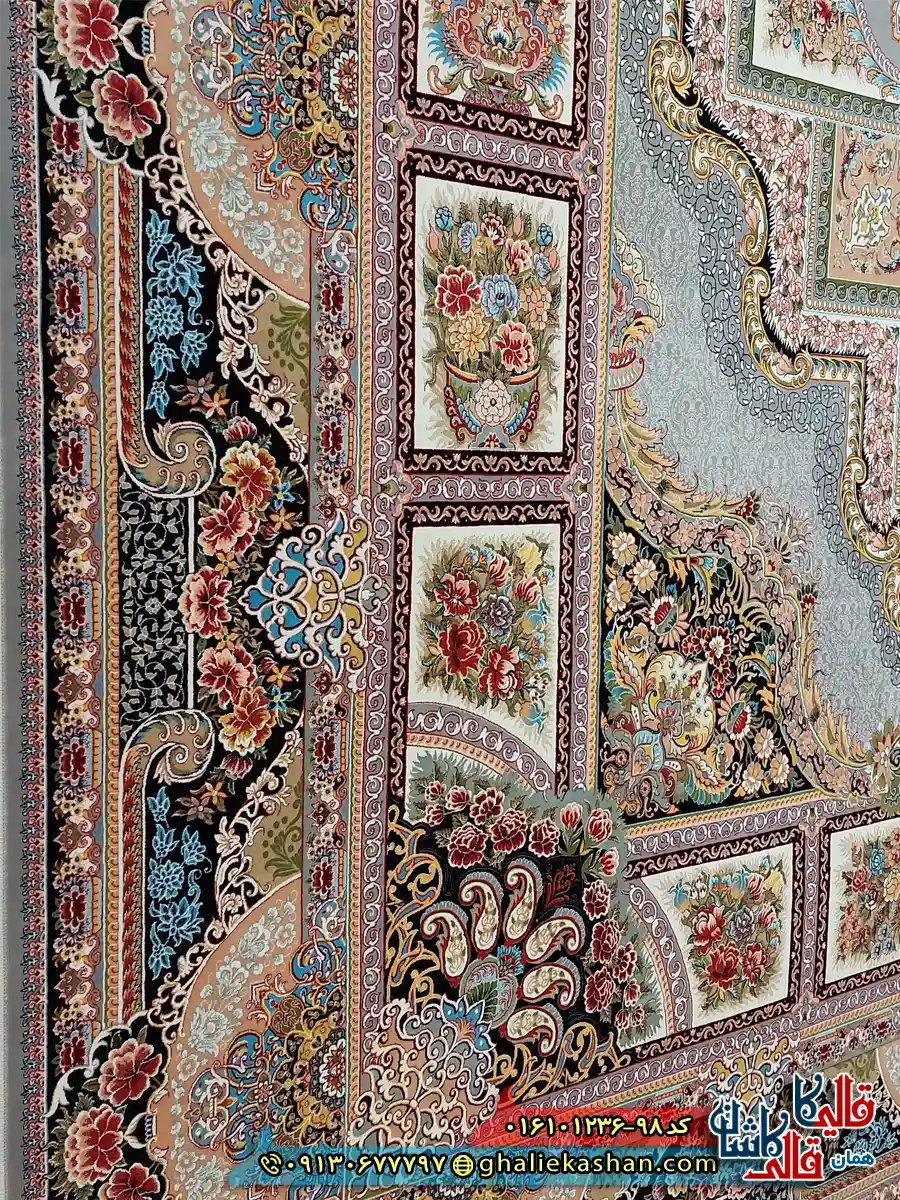 فرش 1200 شانه طرح حوض نقره رنگ نقره ای کاشان نزدیک