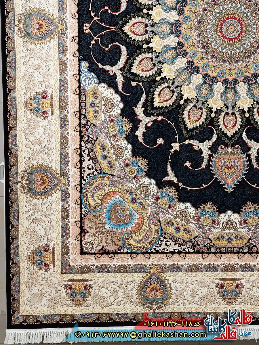 فرش 1200 شانه طرح رویا رنگ سرمه ای کاشان حاشیه