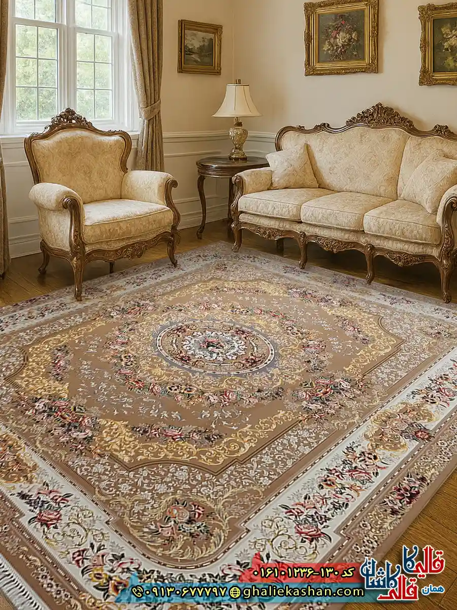 فرش 1200 شانه طرح شانار رنگ بژ کاشان دکوراسیبون