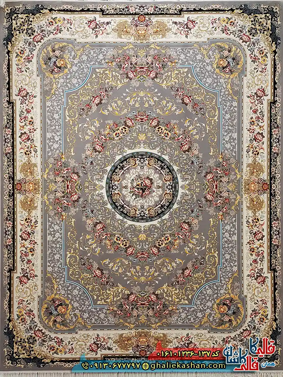 فرش 1200 شانه طرح شانار رنگ نقره ای کاشان اصلی