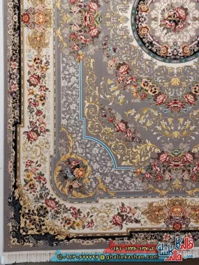 فرش 1200 شانه طرح شانار رنگ نقره ای کاشان حاشیه