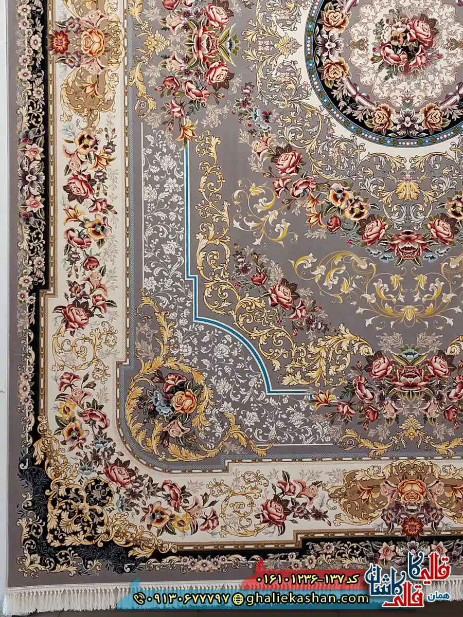 فرش 1200 شانه طرح شانار رنگ نقره ای کاشان حاشیه