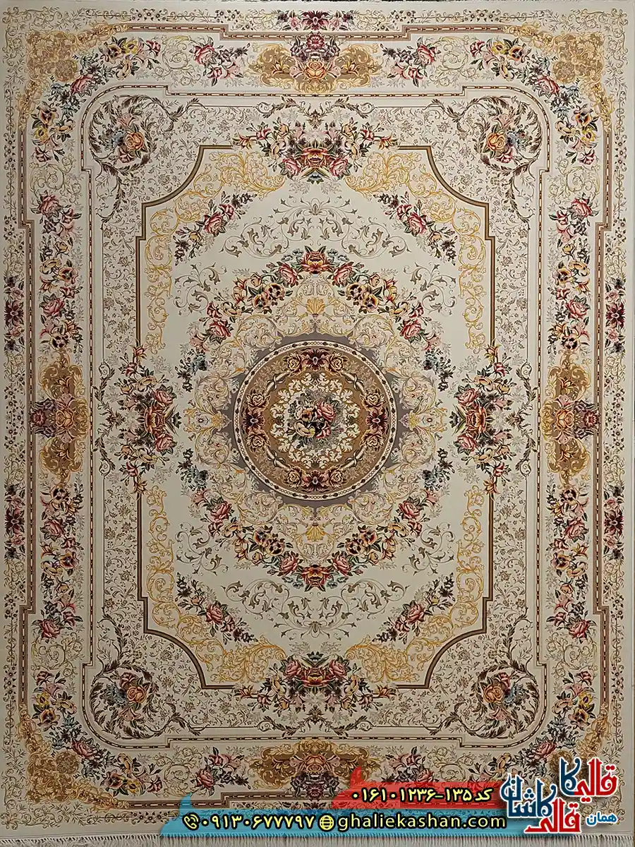 فرش 1200 شانه طرح شانار رنگ کرم کاشان اصلی