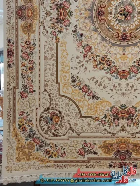 فرش 1200 شانه طرح شانار رنگ کرم کاشان حاشیه