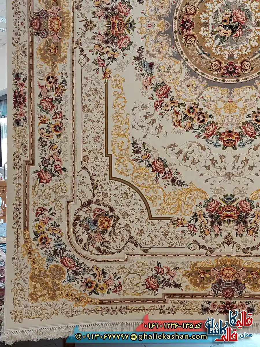 فرش 1200 شانه طرح شانار رنگ کرم کاشان حاشیه