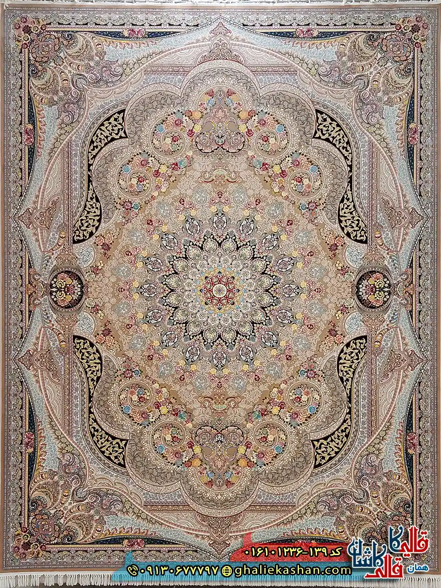 فرش 1200 شانه طرح شاهچراغ رنگ بژ کاشان اصلی