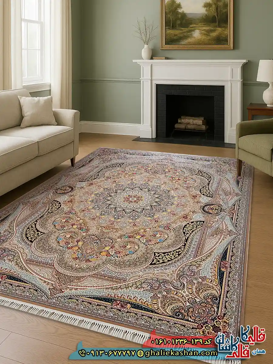 فرش 1200 شانه طرح شاهچراغ رنگ بژ کاشان دکوراسیو