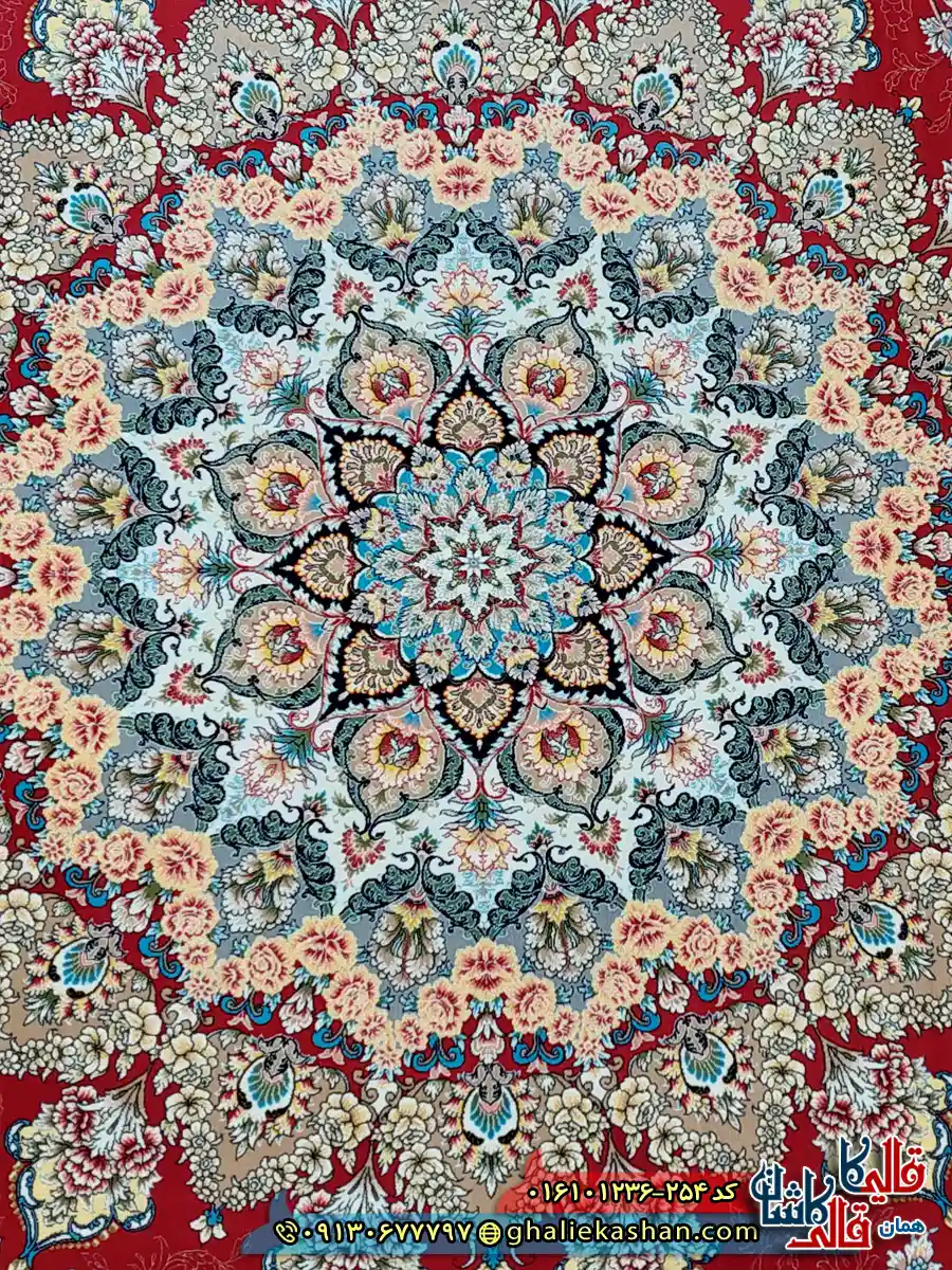 فرش 1200 شانه طرح شهریار رنگ قرمز لاکی کاشان زمینه