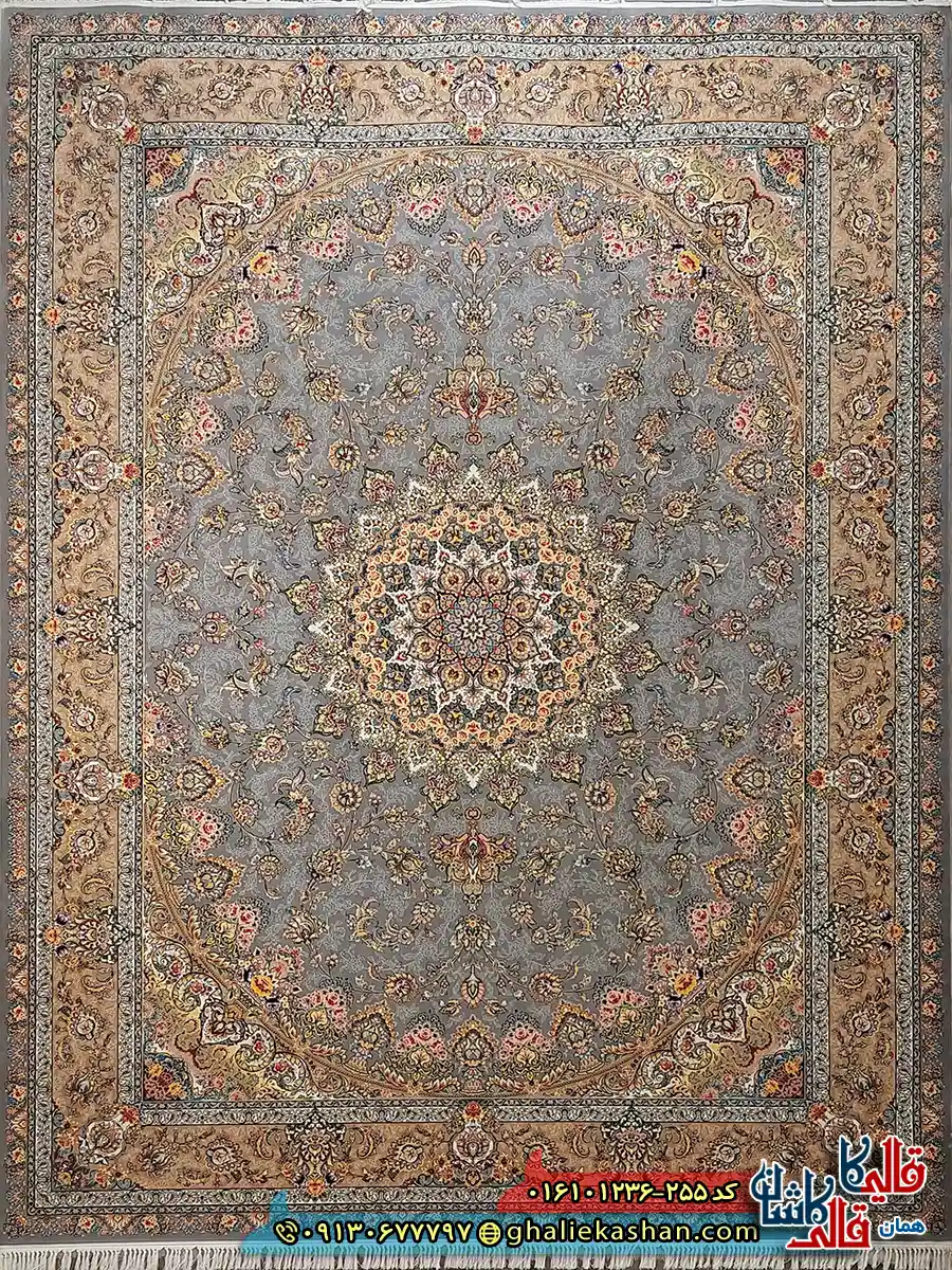 فرش 1200 شانه طرح شهریار رنگ نقره ای کاشان اصلی