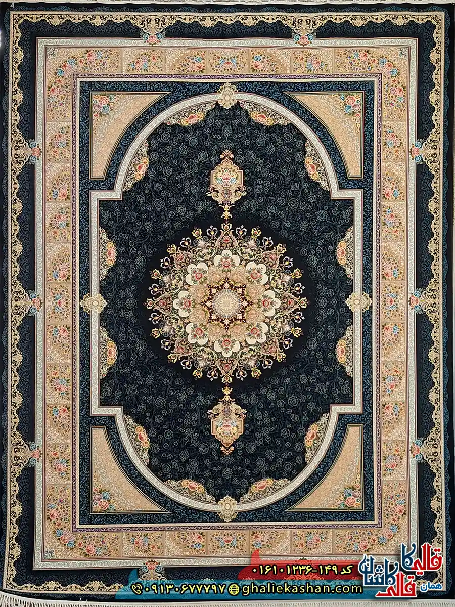 فرش 1200 شانه طرح طاق بستان رنگ سرمه ای کاشان اصلی