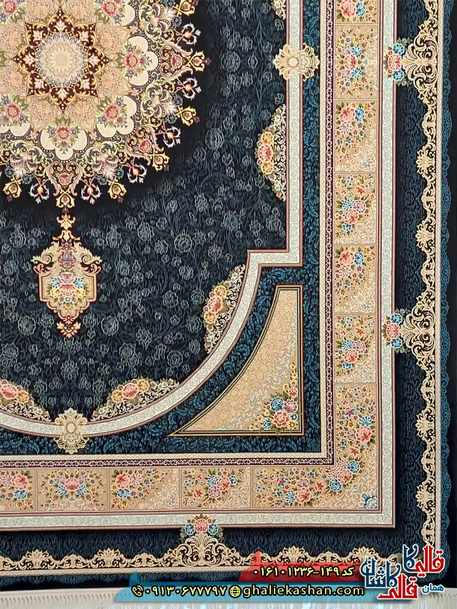 فرش 1200 شانه طرح طاق بستان رنگ سرمه ای کاشان حاشیه