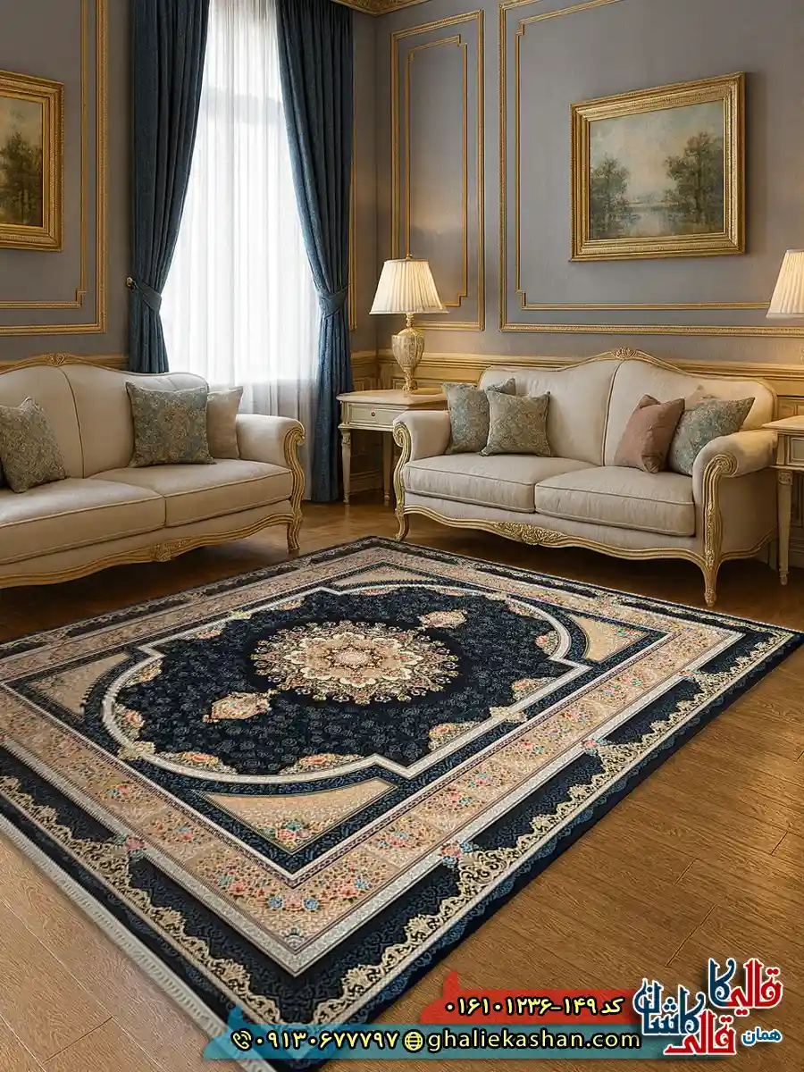 فرش 1200 شانه طرح طاق بستان رنگ سرمه ای کاشان دکوراسیون فرش 1200 شانه طرح طاق بستان رنگ سرمه ای کاشان دکوراسیون