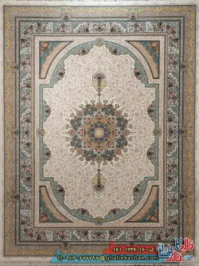 فرش 1200 شانه طرح طاق بستان رنگ کرم کاشان اصلی