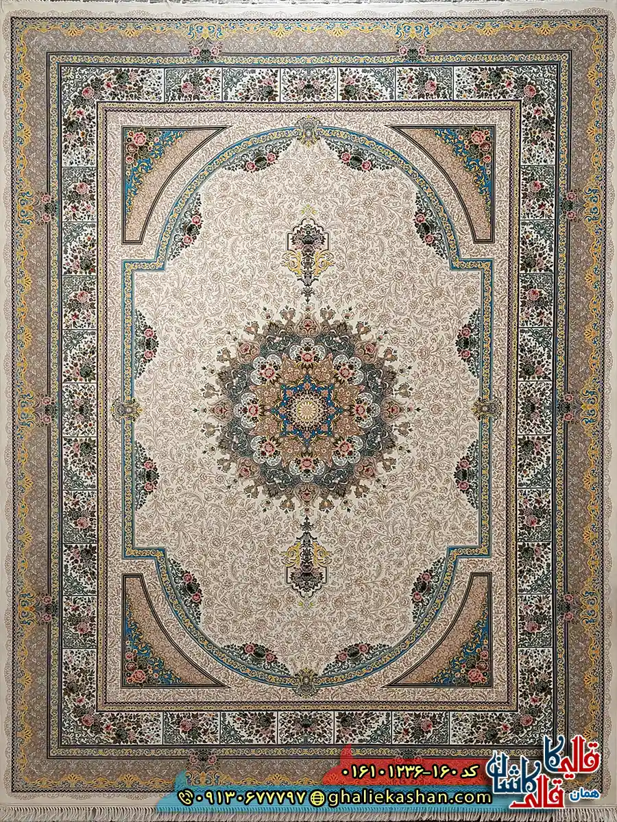 فرش 1200 شانه طرح طاق بستان رنگ کرم کاشان اصلی