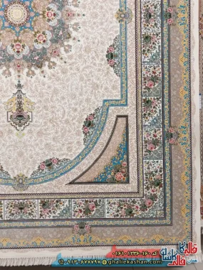 فرش 1200 شانه طرح طاق بستان رنگ کرم کاشان حاشیه