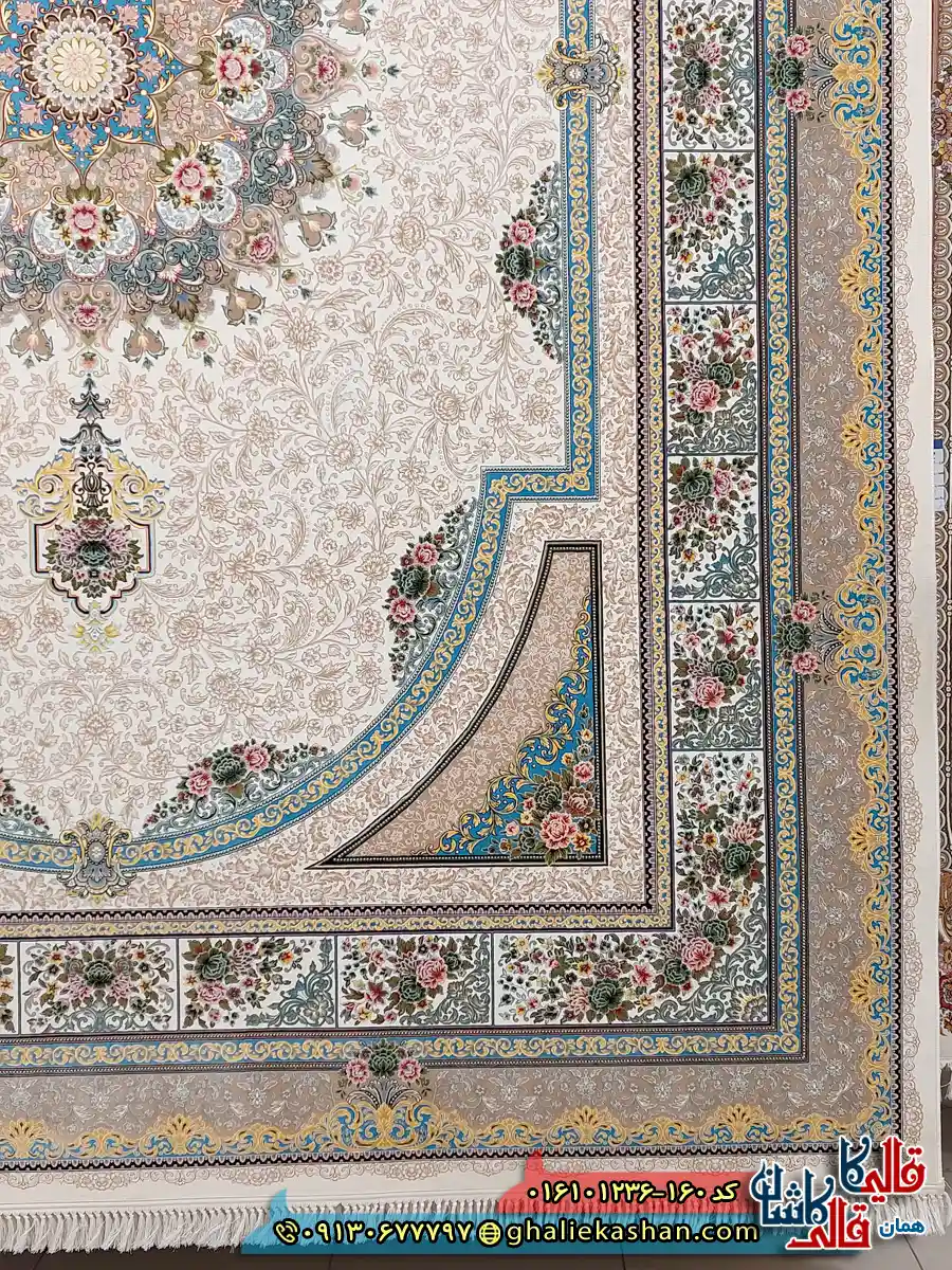 فرش 1200 شانه طرح طاق بستان رنگ کرم کاشان حاشیه