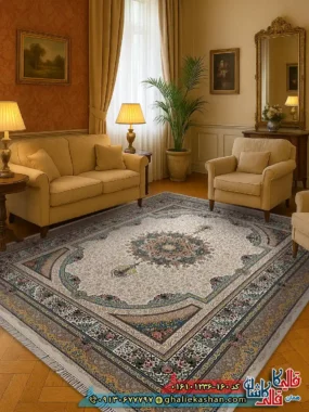 فرش 1200 شانه طرح طاق بستان رنگ کرم کاشان